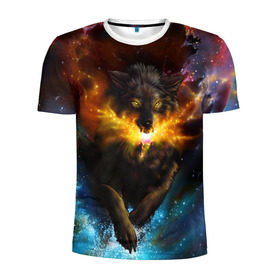 Мужская футболка 3D спортивная с принтом Космоволк в Тюмени, 100% полиэстер с улучшенными характеристиками | приталенный силуэт, круглая горловина, широкие плечи, сужается к линии бедра | волк | вселенная | галактика | звёзды | космос | оскал | пламя | созвездие