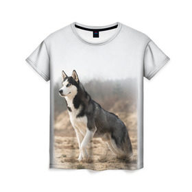 Женская футболка 3D с принтом Хаски в Тюмени, 100% полиэфир ( синтетическое хлопкоподобное полотно) | прямой крой, круглый вырез горловины, длина до линии бедер | dog | husky | siberia | север | сибирь | собака | хаски