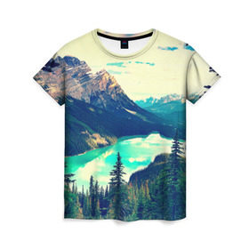 Женская футболка 3D с принтом Канада-Альберта в Тюмени, 100% полиэфир ( синтетическое хлопкоподобное полотно) | прямой крой, круглый вырез горловины, длина до линии бедер | деревья | небо | озеро