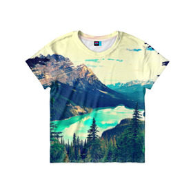 Детская футболка 3D с принтом Канада-Альберта в Тюмени, 100% гипоаллергенный полиэфир | прямой крой, круглый вырез горловины, длина до линии бедер, чуть спущенное плечо, ткань немного тянется | деревья | небо | озеро