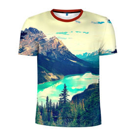 Мужская футболка 3D спортивная с принтом Канада-Альберта в Тюмени, 100% полиэстер с улучшенными характеристиками | приталенный силуэт, круглая горловина, широкие плечи, сужается к линии бедра | Тематика изображения на принте: деревья | небо | озеро