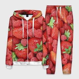 Мужской костюм 3D с принтом Ягоды в Тюмени, 100% полиэстер | Манжеты и пояс оформлены тканевой резинкой, двухслойный капюшон со шнурком для регулировки, карманы спереди | десерт | еда | клубника | красный | малина | сладкое | ягоды