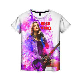 Женская футболка 3D с принтом Rock-n-Roll в Тюмени, 100% полиэфир ( синтетическое хлопкоподобное полотно) | прямой крой, круглый вырез горловины, длина до линии бедер | rock | гитара | девушка | концерт | рок | рок жив | рок музыка | русский рок