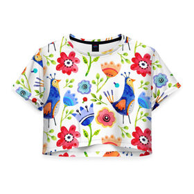 Женская футболка 3D укороченная с принтом цветочный принт в Тюмени, 100% полиэстер | круглая горловина, длина футболки до линии талии, рукава с отворотами | 
