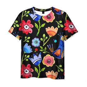Мужская футболка 3D с принтом цветочный принт в Тюмени, 100% полиэфир | прямой крой, круглый вырез горловины, длина до линии бедер | акварель | графика | зелень | лес | лето | листья | принт | рисунок | цветок