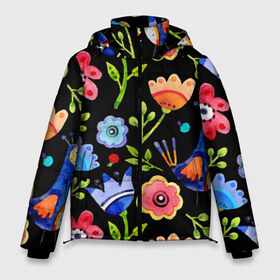 Мужская зимняя куртка 3D с принтом цветочный принт в Тюмени, верх — 100% полиэстер; подкладка — 100% полиэстер; утеплитель — 100% полиэстер | длина ниже бедра, свободный силуэт Оверсайз. Есть воротник-стойка, отстегивающийся капюшон и ветрозащитная планка. 

Боковые карманы с листочкой на кнопках и внутренний карман на молнии. | акварель | графика | зелень | лес | лето | листья | принт | рисунок | цветок