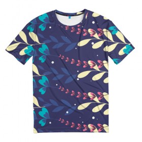 Мужская футболка 3D с принтом цветочный принт в Тюмени, 100% полиэфир | прямой крой, круглый вырез горловины, длина до линии бедер | акварель | графика | зелень | лес | лето | листья | принт | рисунок | цветок