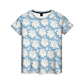 Женская футболка 3D с принтом Ромашки в Тюмени, 100% полиэфир ( синтетическое хлопкоподобное полотно) | прямой крой, круглый вырез горловины, длина до линии бедер | объёмный | ромашки | трёхмерный | цветы