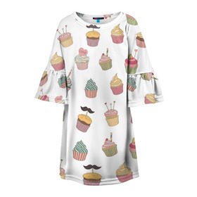 Детское платье 3D с принтом Капкейки в Тюмени, 100% полиэстер | прямой силуэт, чуть расширенный к низу. Круглая горловина, на рукавах — воланы | Тематика изображения на принте: вкусный | капкейк | капкэйк | кекс | маффин | пирожное