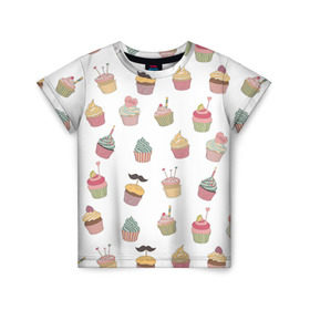 Детская футболка 3D с принтом Капкейки в Тюмени, 100% гипоаллергенный полиэфир | прямой крой, круглый вырез горловины, длина до линии бедер, чуть спущенное плечо, ткань немного тянется | вкусный | капкейк | капкэйк | кекс | маффин | пирожное