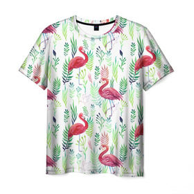 Мужская футболка 3D с принтом Цветы и бабочки 2 в Тюмени, 100% полиэфир | прямой крой, круглый вырез горловины, длина до линии бедер | Тематика изображения на принте: растения | фламинго