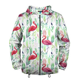 Мужская ветровка 3D с принтом Цветы и бабочки 2 в Тюмени, 100% полиэстер | подол и капюшон оформлены резинкой с фиксаторами, два кармана без застежек по бокам, один потайной карман на груди | растения | фламинго