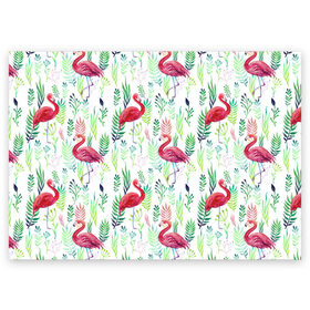 Поздравительная открытка с принтом Цветы и фламинго 2 в Тюмени, 100% бумага | плотность бумаги 280 г/м2, матовая, на обратной стороне линовка и место для марки
 | Тематика изображения на принте: растения | фламинго