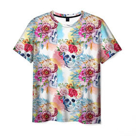 Мужская футболка 3D с принтом Цветы и бабочки 5 в Тюмени, 100% полиэфир | прямой крой, круглый вырез горловины, длина до линии бедер | Тематика изображения на принте: акварель | нежный | паттерн | цветочек | цветочный