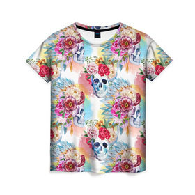 Женская футболка 3D с принтом Цветы и бабочки 5 в Тюмени, 100% полиэфир ( синтетическое хлопкоподобное полотно) | прямой крой, круглый вырез горловины, длина до линии бедер | Тематика изображения на принте: акварель | нежный | паттерн | цветочек | цветочный