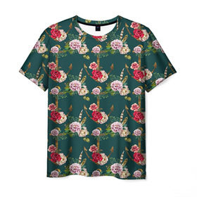 Мужская футболка 3D с принтом Цветы и бабочки 7 в Тюмени, 100% полиэфир | прямой крой, круглый вырез горловины, длина до линии бедер | Тематика изображения на принте: акварель | нежный | паттерн | цветочек | цветочный