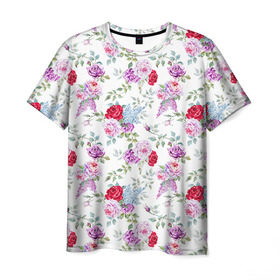 Мужская футболка 3D с принтом Цветы и бабочки 8 в Тюмени, 100% полиэфир | прямой крой, круглый вырез горловины, длина до линии бедер | акварель | бабочка | нежный | рисунок | роза | сирень | цветочек | цветочный | цветы