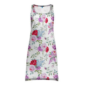 Платье-майка 3D с принтом Цветы и бабочки 8 в Тюмени, 100% полиэстер | полуприлегающий силуэт, широкие бретели, круглый вырез горловины, удлиненный подол сзади. | акварель | бабочка | нежный | рисунок | роза | сирень | цветочек | цветочный | цветы