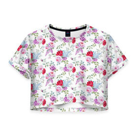 Женская футболка 3D укороченная с принтом Цветы и бабочки 8 в Тюмени, 100% полиэстер | круглая горловина, длина футболки до линии талии, рукава с отворотами | Тематика изображения на принте: акварель | бабочка | нежный | рисунок | роза | сирень | цветочек | цветочный | цветы