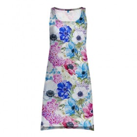 Платье-майка 3D с принтом Цветы и бабочки 9 в Тюмени, 100% полиэстер | полуприлегающий силуэт, широкие бретели, круглый вырез горловины, удлиненный подол сзади. | акварель | нежный | паттерн | цветочек | цветочный