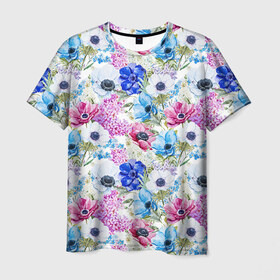 Мужская футболка 3D с принтом Цветы и бабочки 9 в Тюмени, 100% полиэфир | прямой крой, круглый вырез горловины, длина до линии бедер | Тематика изображения на принте: акварель | нежный | паттерн | цветочек | цветочный