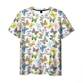 Мужская футболка 3D с принтом Цветы и бабочки 11 в Тюмени, 100% полиэфир | прямой крой, круглый вырез горловины, длина до линии бедер | Тематика изображения на принте: акварель | бабочка | нежный | рисунок | роза | сирень | цветочек | цветочный | цветы