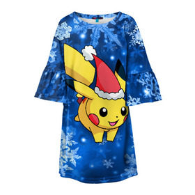 Детское платье 3D с принтом Pikachu в Тюмени, 100% полиэстер | прямой силуэт, чуть расширенный к низу. Круглая горловина, на рукавах — воланы | pikachu | pokeboll | pokemon | зима | новый год | пикачу | покеболл | покемон | снежинки