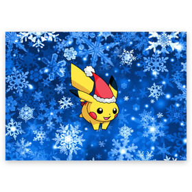 Поздравительная открытка с принтом Pikachu в Тюмени, 100% бумага | плотность бумаги 280 г/м2, матовая, на обратной стороне линовка и место для марки
 | pikachu | pokeboll | pokemon | зима | новый год | пикачу | покеболл | покемон | снежинки