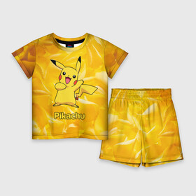 Детский костюм с шортами 3D с принтом Пикачу на золотом фоне в Тюмени,  |  | pikachu | pokeboll | pokemon | пикачу | покеболл | покемон