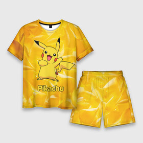 Мужской костюм с шортами 3D с принтом Пикачу на золотом фоне в Тюмени,  |  | pikachu | pokeboll | pokemon | пикачу | покеболл | покемон