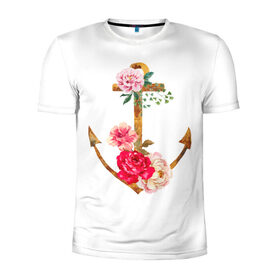 Мужская футболка 3D спортивная с принтом Якорь с цветами в Тюмени, 100% полиэстер с улучшенными характеристиками | приталенный силуэт, круглая горловина, широкие плечи, сужается к линии бедра | акварель | бабочка | нежный | рисунок | роза | сирень | цветочек | цветочный | цветы