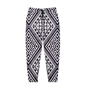 Мужские брюки 3D с принтом Тартан в Тюмени, 100% полиэстер | манжеты по низу, эластичный пояс регулируется шнурком, по бокам два кармана без застежек, внутренняя часть кармана из мелкой сетки | Тематика изображения на принте: орнамент | черно белый | этно