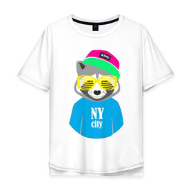 Мужская футболка хлопок Oversize с принтом Енот в Тюмени, 100% хлопок | свободный крой, круглый ворот, “спинка” длиннее передней части | city | ny | енот | животные | звери | кепка | очки | серый | хипстер