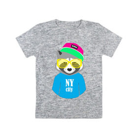 Детская футболка хлопок с принтом Енот в Тюмени, 100% хлопок | круглый вырез горловины, полуприлегающий силуэт, длина до линии бедер | city | ny | енот | животные | звери | кепка | очки | серый | хипстер