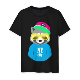 Мужская футболка хлопок с принтом Енот в Тюмени, 100% хлопок | прямой крой, круглый вырез горловины, длина до линии бедер, слегка спущенное плечо. | city | ny | енот | животные | звери | кепка | очки | серый | хипстер