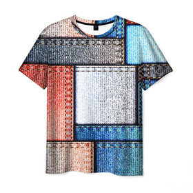 Мужская футболка 3D с принтом Джинсовый стиль в Тюмени, 100% полиэфир | прямой крой, круглый вырез горловины, длина до линии бедер | заплатки | разноцветный | текстура | ткань