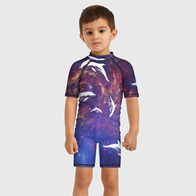 Детский купальный костюм 3D с принтом Дельфин в Тюмени, Полиэстер 85%, Спандекс 15% | застежка на молнии на спине | дельфин | космос