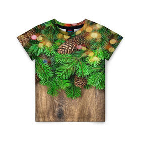 Детская футболка 3D с принтом Елка в Тюмени, 100% гипоаллергенный полиэфир | прямой крой, круглый вырез горловины, длина до линии бедер, чуть спущенное плечо, ткань немного тянется | дерево | елка | зеленый | зима | новый год | шишки