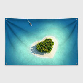 Флаг-баннер с принтом Остров в Тюмени, 100% полиэстер | размер 67 х 109 см, плотность ткани — 95 г/м2; по краям флага есть четыре люверса для крепления | вода | дерево | лето | море | океан | остров | пальмы | песок | сердечко | сердце | синий
