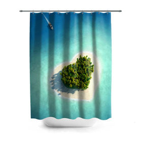 Штора 3D для ванной с принтом Остров в Тюмени, 100% полиэстер | плотность материала — 100 г/м2. Стандартный размер — 146 см х 180 см. По верхнему краю — пластиковые люверсы для креплений. В комплекте 10 пластиковых колец | вода | дерево | лето | море | океан | остров | пальмы | песок | сердечко | сердце | синий