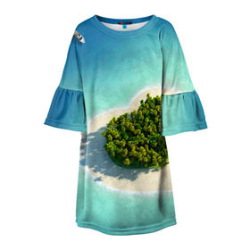 Детское платье 3D с принтом Остров в Тюмени, 100% полиэстер | прямой силуэт, чуть расширенный к низу. Круглая горловина, на рукавах — воланы | Тематика изображения на принте: вода | дерево | лето | море | океан | остров | пальмы | песок | сердечко | сердце | синий