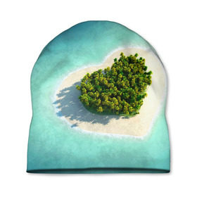 Шапка 3D с принтом Остров в Тюмени, 100% полиэстер | универсальный размер, печать по всей поверхности изделия | вода | дерево | лето | море | океан | остров | пальмы | песок | сердечко | сердце | синий