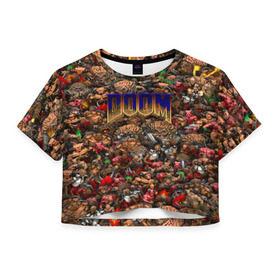 Женская футболка 3D укороченная с принтом Doom. Все монстры (pixel art) в Тюмени, 100% полиэстер | круглая горловина, длина футболки до линии талии, рукава с отворотами | 
