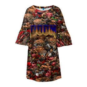 Детское платье 3D с принтом Doom. Все монстры (pixel art) в Тюмени, 100% полиэстер | прямой силуэт, чуть расширенный к низу. Круглая горловина, на рукавах — воланы | Тематика изображения на принте: 
