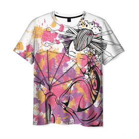 Мужская футболка 3D с принтом Гейша в Тюмени, 100% полиэфир | прямой крой, круглый вырез горловины, длина до линии бедер | веер | девушка | краски | рисунок | цвета | япония
