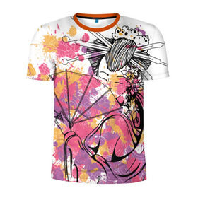 Мужская футболка 3D спортивная с принтом Гейша в Тюмени, 100% полиэстер с улучшенными характеристиками | приталенный силуэт, круглая горловина, широкие плечи, сужается к линии бедра | веер | девушка | краски | рисунок | цвета | япония