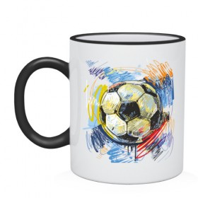 Кружка двухцветная с принтом Рисованный футбольный мяч в Тюмени, керамика | объем — 330 мл, диаметр — 80 мм. Цветная ручка и кайма сверху, в некоторых цветах — вся внутренняя часть | игра | мяч | разводы | спорт | футбол | футбольный