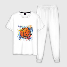 Мужская пижама хлопок с принтом Баскетбольный мяч в штрихах в Тюмени, 100% хлопок | брюки и футболка прямого кроя, без карманов, на брюках мягкая резинка на поясе и по низу штанин
 | баскетбол | стилизация | штрихи