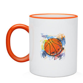 Кружка двухцветная с принтом Баскетбольный мяч в штрихах в Тюмени, керамика | объем — 330 мл, диаметр — 80 мм. Цветная ручка и кайма сверху, в некоторых цветах — вся внутренняя часть | баскетбол | стилизация | штрихи