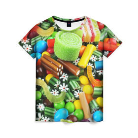 Женская футболка 3D с принтом Сладости в Тюмени, 100% полиэфир ( синтетическое хлопкоподобное полотно) | прямой крой, круглый вырез горловины, длина до линии бедер | вкуснотища | вкусняшки | глазурь | жевачка | карамель | карамельки | конфетки | конфеты | леденец | мармеладки | сахар | сладости